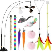 URRU 4-in-1 Interactive Cat Feather Toys,12Pcs Durable Teaser Cat Toy Replacements,Enhanced Suction Cup Cats Wand Toy,2 Types Door Hanging Cat String Toys for Indoor Kitten
