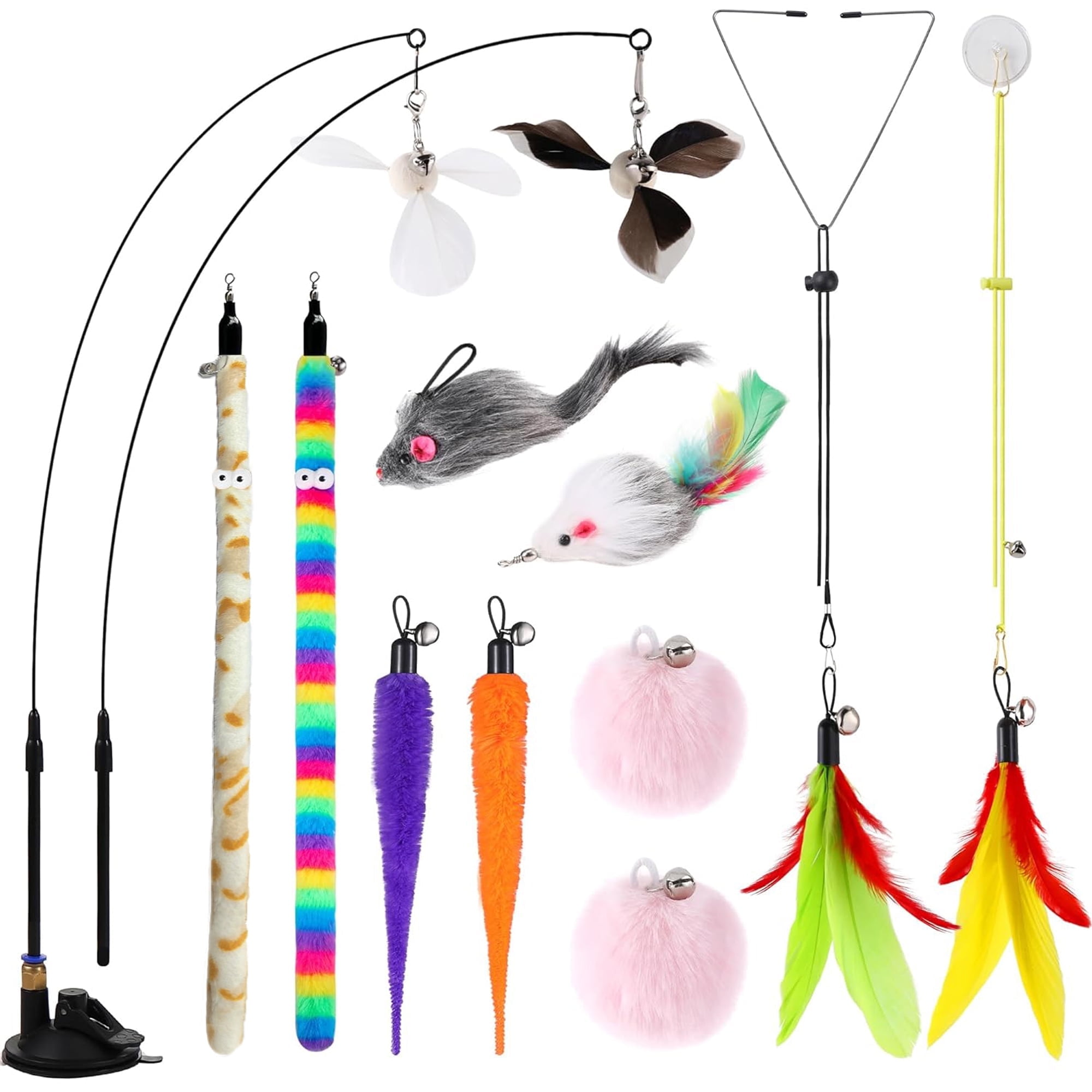 URRU 4-in-1 Interactive Cat Feather Toys,12Pcs Durable Teaser Cat Toy Replacements,Enhanced Suction Cup Cats Wand Toy,2 Types Door Hanging Cat String Toys for Indoor Kitten