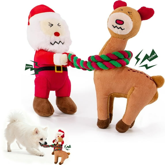 URRU Christmas Dog Toys - 2 Pack Squeaky Stuffed Toys for Large Medium Small Dogs With Detachable Rope, Crinkle to Keep Them Busy - Santa Claus & Reindeer