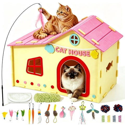URRU Interactive Cat Toy Feather Toys Playhouse for Indoor Cats,Kitten Toys with Soft Cushion,Catnip Toys,Plush Mice,Feather Wand,Springs and Balls for Indoor Kittens,Cat House