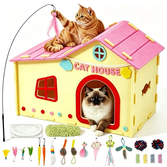 URRU Interactive Cat Toy Feather Toys Playhouse for Indoor Cats,Kitten Toys with Soft Cushion,Catnip Toys,Plush Mice,Feather Wand,Springs and Balls for Indoor Kittens,Cat House