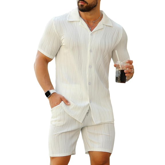 URRU Men's 2 Piece Outfits Short Sleeve Casual Button Down Shirt and Shorts Set