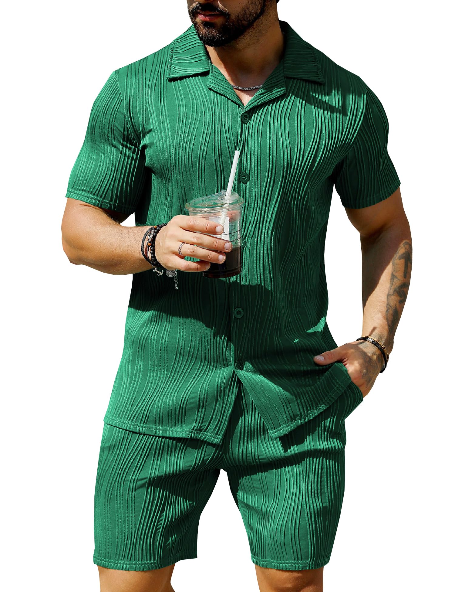 URRU Men's 2-Piece Linen Outfit - Short Sleeve Button Down Shirt & Pants Set For Summer