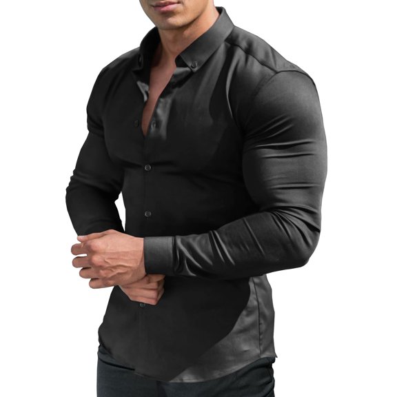 URRU Men's Muscle Dress Shirts Slim Fit Stretch Long&Short Sleeve Casual Button Down Shirt