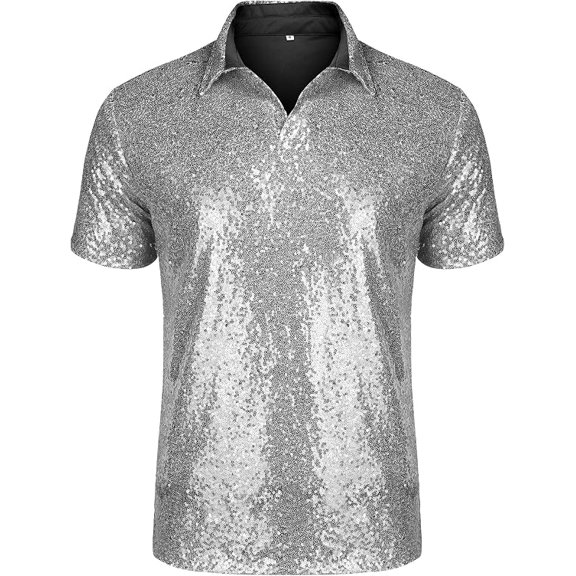 URRU Men's Relaxed Short Sleeve Turndown Sparkle Sequins Polo Shirts 70s Disco Nightclub Party Shirt Tops