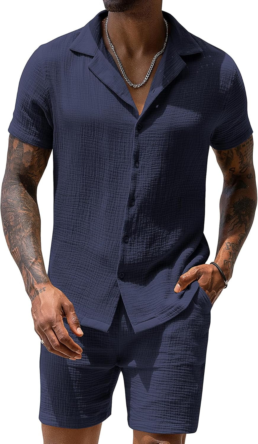 URRU Mens Short Sets 2 Piece Outfits Summer Beach Terry Short Sleeve Button Down Shirt