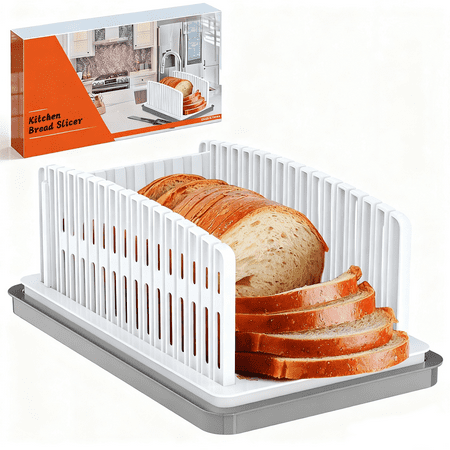 Jripae New Upgrade Bread Slicer for Homemade Bread, Bread Slicing Guide Adjustable Width, Foldable and Compact Cutting Guide with Crumb Tray, Suitability for Homemade Bread, Bagels, Cakes.