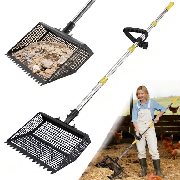 URRU Scooper & Rake 2-in-1 Horse Chicken Poop Scooper,Adjustable 26-76" Stainless Steel Handle,Litter Scooper & Sand Sifting Shovel for Chicken Horse Coop Shovel-Strong Enough for Farm Life,11.5inch