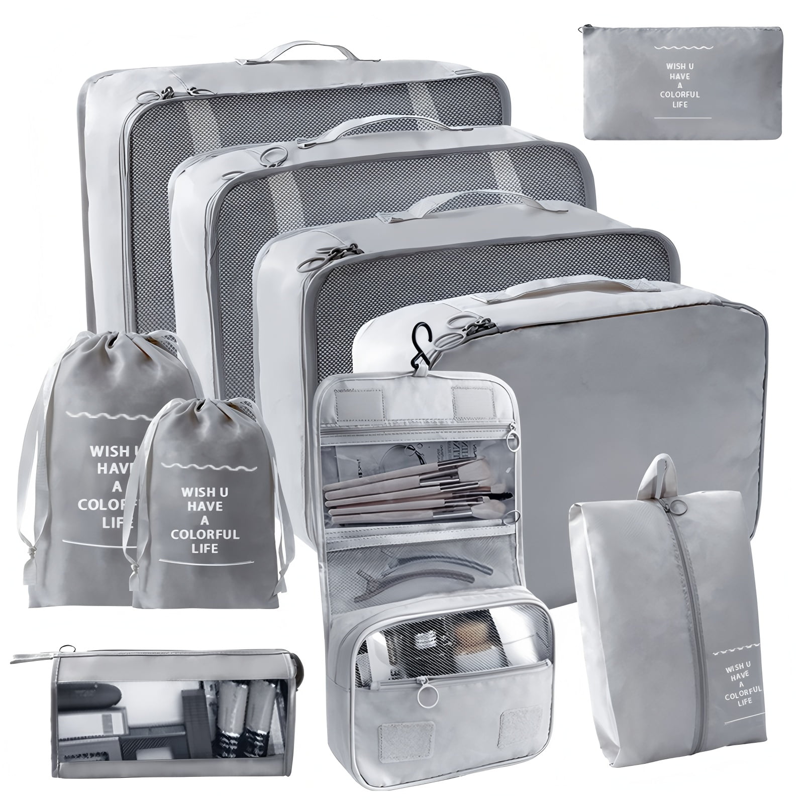 URSOFINE 10 Set Expandable Compression Travel Packing Cubes, See Through Mesh Luggage Organizer Bags, Lightweight Suitcase Storage Pouch for Clothes, Shoes, Cosmetics, Toiletries, Gray