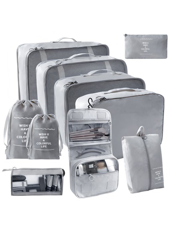 10 Set Expandable Compression Travel Packing Cubes, See Through Mesh Luggage Organizer Bags, Lightweight Suitcase Storage Pouch for Clothes, Shoes, Cosmetics, Toiletries, Gray