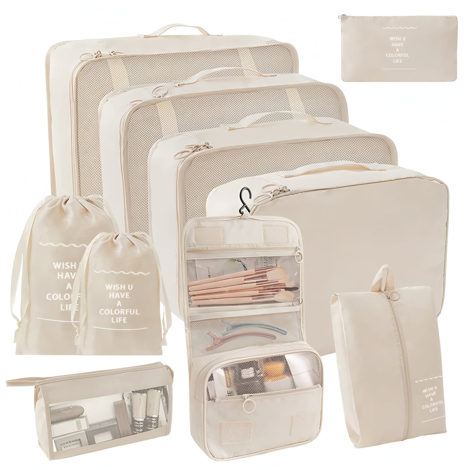 URSOFINE 10 Set Expandable Compression Travel Packing Cubes, See Through Mesh Luggage Organizer Bags, Lightweight Suitcase Storage Pouch for Clothes, Shoes, Cosmetics, Toiletries, Beige