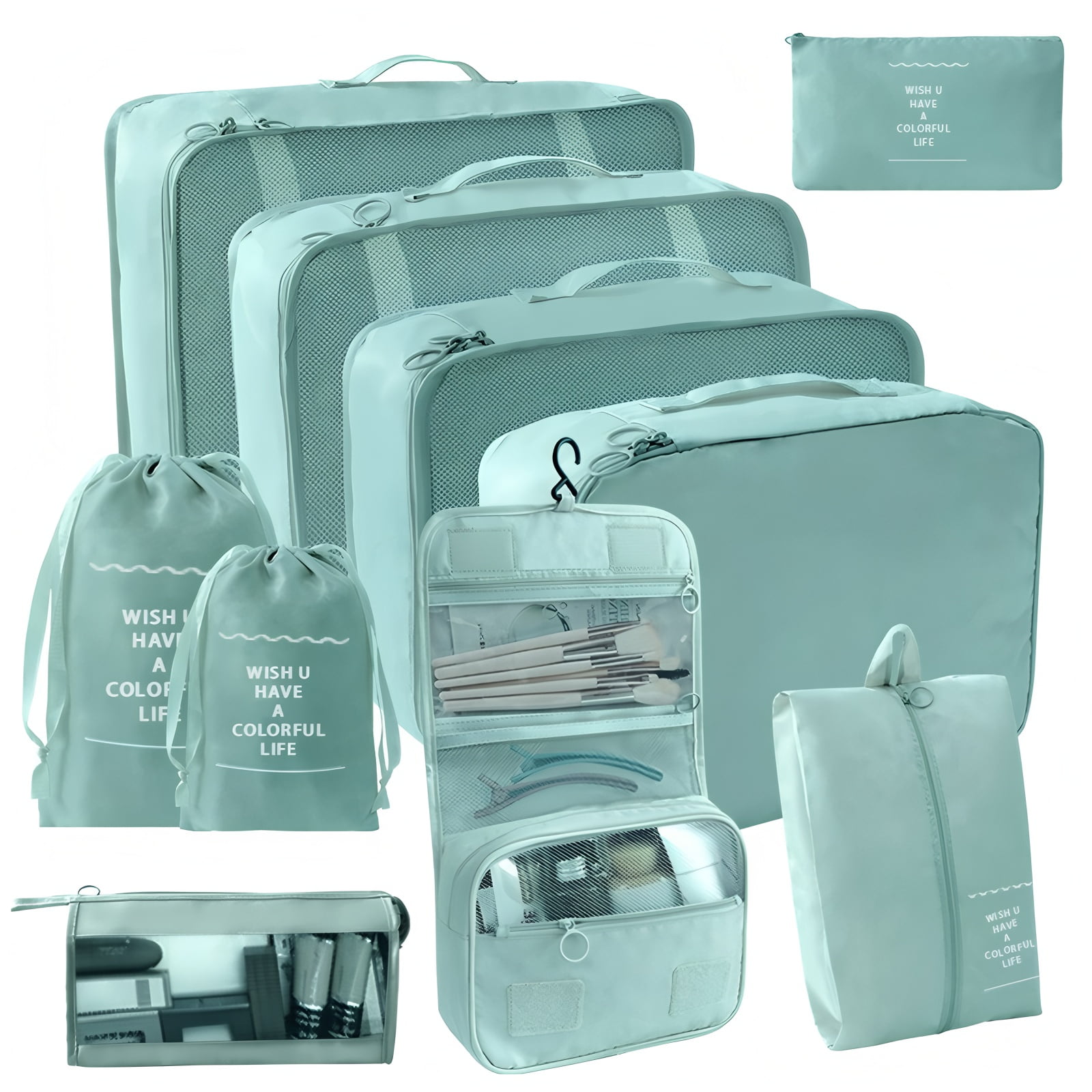 URSOFINE 10 Set Expandable Compression Travel Packing Cubes, See Through Mesh Luggage Organizer Bags, Lightweight Suitcase Storage Pouch for Clothes, Shoes, Cosmetics, Toiletries, Green