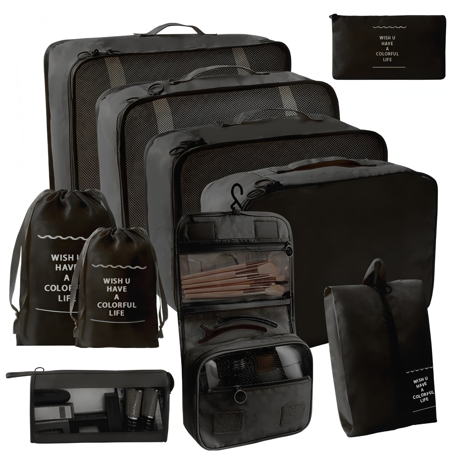 URSOFINE 10 Set Expandable Compression Travel Packing Cubes, See Through Mesh Luggage Organizer Bags, Lightweight Suitcase Storage Pouch for Clothes, Shoes, Cosmetics, Toiletries, Black