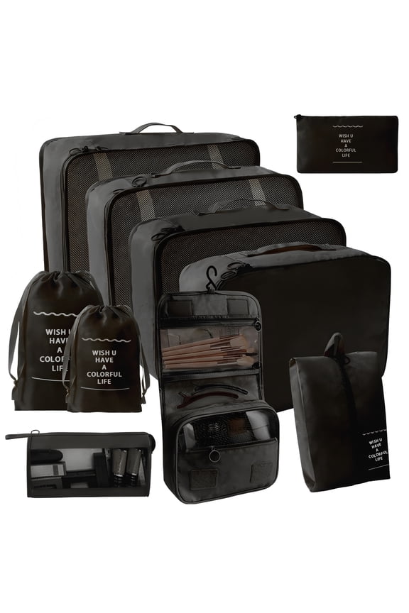 10 Set Expandable Compression Travel Packing Cubes, See Through Mesh Luggage Organizer Bags, Lightweight Suitcase Storage Pouch for Clothes, Shoes, Cosmetics, Toiletries, Black