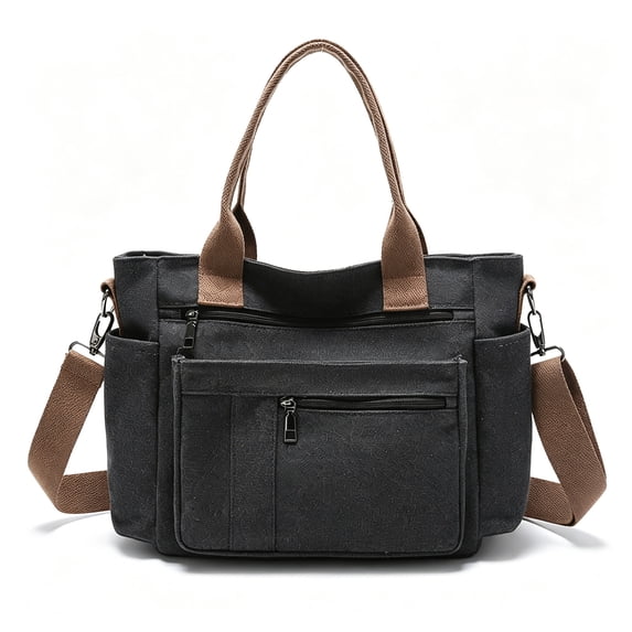 URSOFINE Canvas Multi-Pocket Tote Bag, Convertible Crossbody Shoulder Handbag for Work Travel Daily Use, Large Capacity Casual Messenger Bag with Detachable Strap
