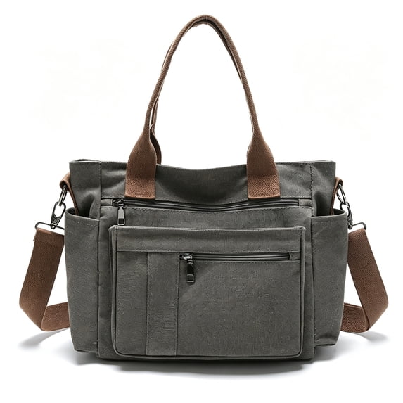 URSOFINE Canvas Multi-Pocket Tote Bag, Convertible Crossbody Shoulder Handbag for Work Travel Daily Use, Large Capacity Casual Messenger Bag with Detachable Strap