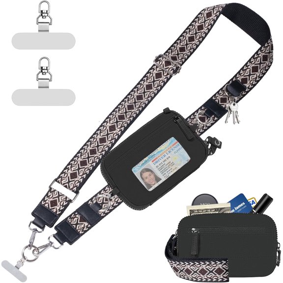 URSOFINE Clip and Go Phone Strap Crossbody with Wallet, Boho Adjustable Cell Phone Lanyard with Clear Window Pouch Wide Jacquard Shoulder Strap & Wristlet for Commuting Travel Daily Use