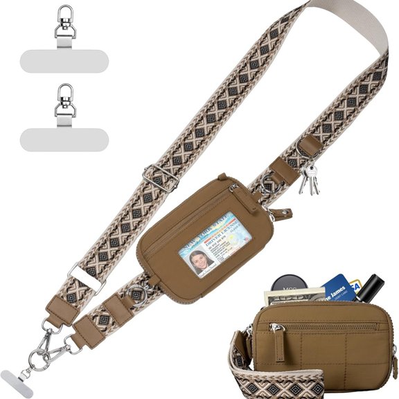 URSOFINE Clip and Go Phone Strap Crossbody with Wallet, Boho Adjustable Cell Phone Lanyard with Clear Window Pouch Wide Jacquard Shoulder Strap & Wristlet for Commuting Travel Daily Use