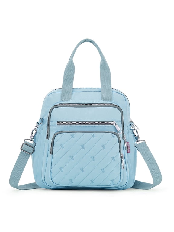 Convertible Backpack Purse for Women, Multi-Functional Nylon Shoulder Bag, 4-in-1 Crossbody Tote Handbag with Multiple Pockets, Large Capacity Mom Bag for Work Travel Commute,Light blue