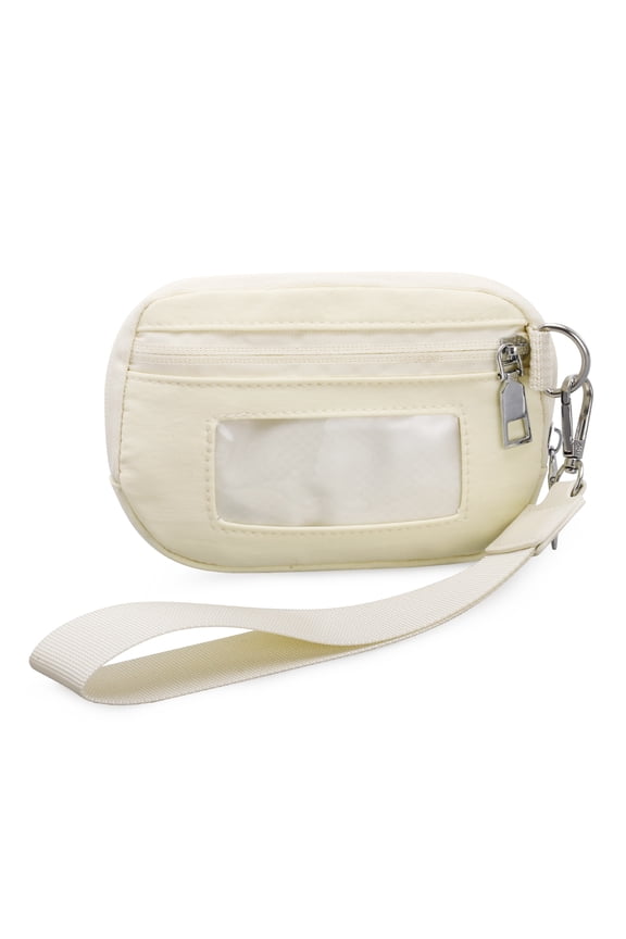 Small Nylon Wristlet Wallet for Women – Zip-Around Mini Coin Purse with Clear ID Window & Detachable Strap, Lightweight Card Holder for Travel, Gym & Everyday Use (Beige)