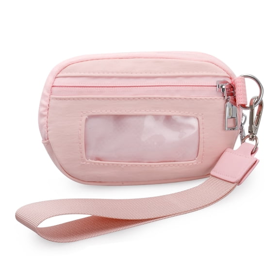 URSOFINE Small Nylon Wristlet Wallet for Women – Zip-Around Mini Coin Purse with Clear ID Window & Detachable Strap, Lightweight Card Holder for Travel, Gym & Everyday Use (Pink)