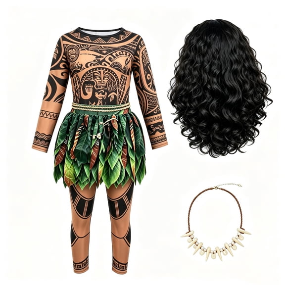 URSOFINE Ocean Adventure Role Play Costume, Island Explorer Hawaiian Party Outfit, 3D Printed Top & Pants with Leaf Design, Necklace & Wig Included