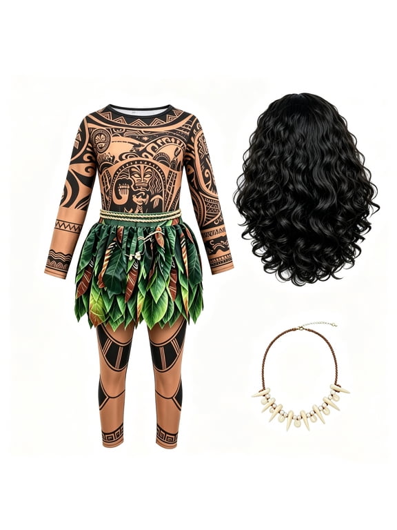 Ocean Adventure Role Play Costume, Island Explorer Hawaiian Party Outfit, 3D Printed Top & Pants with Leaf Design, Necklace & Wig Included