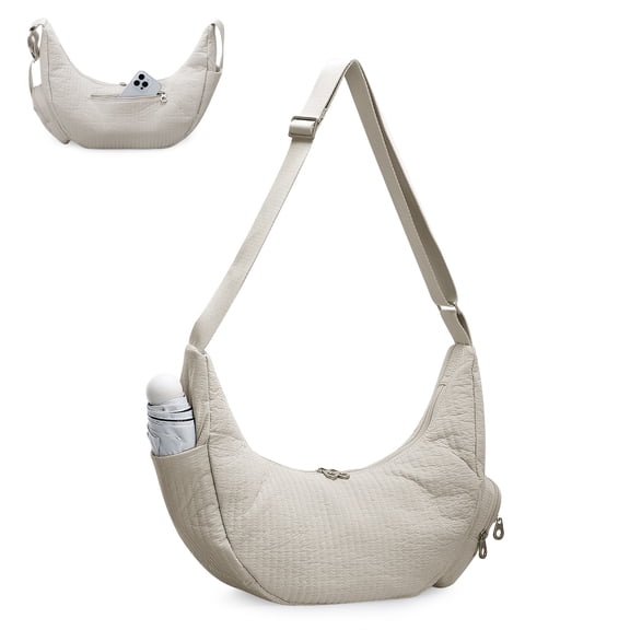 URSOFINE Oversized Quilted Puffer Hobo Bag for Women Men - Adjustable Strap Crescent Crossbody Shoulder Bag, Large 2-Zipper Dumpling Casual Handbag with Side Pocket (Beige)