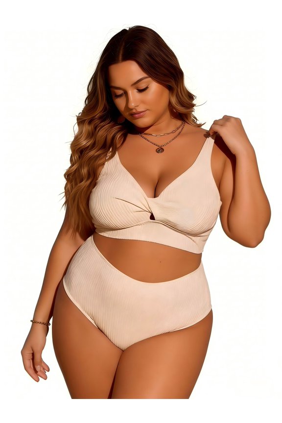 Plus Size High Waisted Ribbed Bikini Set for Women – Twist Front V Neck Two Piece Swimsuit, Modest Curvy Tummy Control Bathing Suit, Adjustable Stretchy Swimwear Beach Vacation