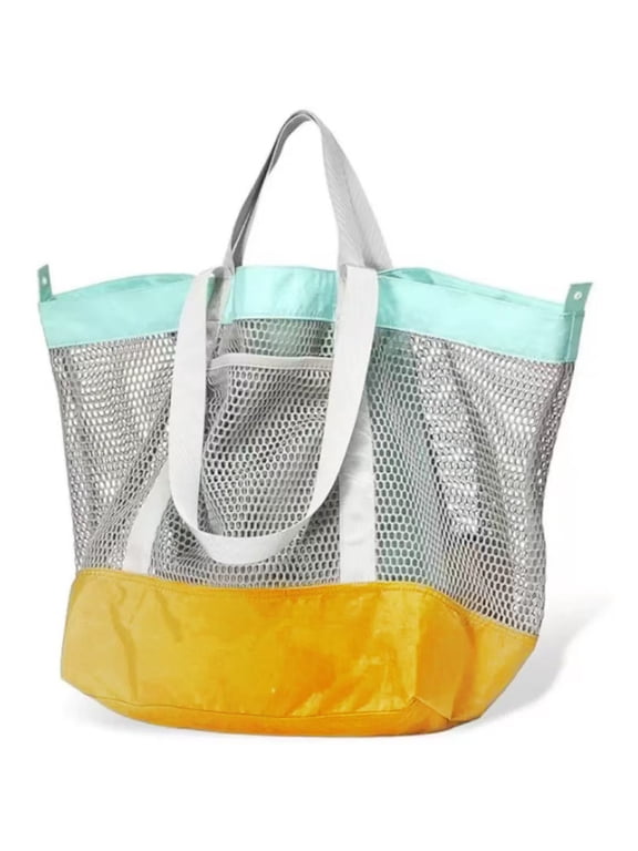 Reversible Mesh Beach Tote Bag - Color Block Sandproof Large Capacity Swim Pool Bag, Lightweight Foldable Shoulder Tote for Travel, Vacation, Family Pool Party
