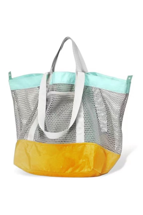 Reversible Mesh Beach Tote Bag - Color Block Sandproof Large Capacity Swim Pool Bag, Lightweight Foldable Shoulder Tote for Travel, Vacation, Family Pool Party