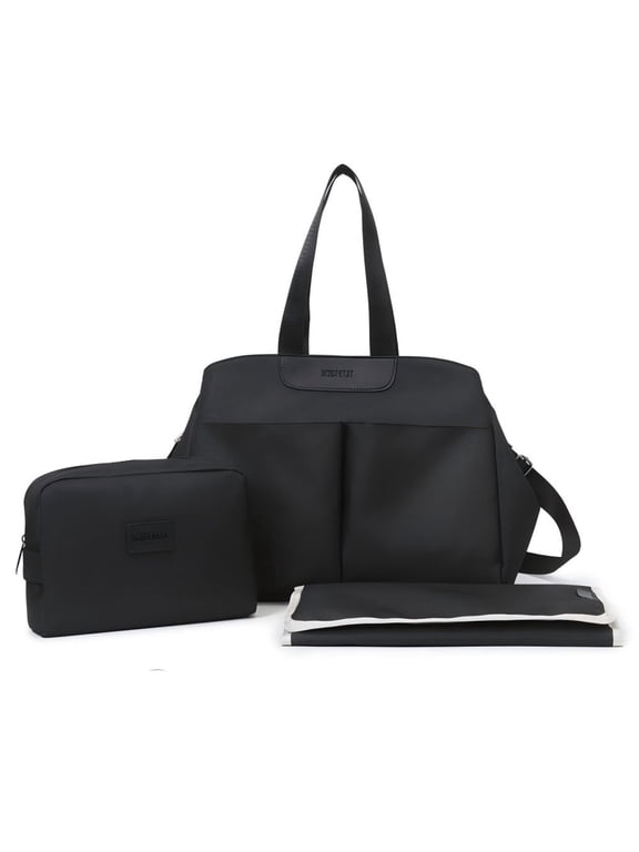 Stylish Tote for Mom Multifunctional Mommy Bag with 2 Insulated Bottle Pockets, Waterproof Diaper Bag with Changing Pad & Pouch for Daily Travel, Commute & Shopping,Black