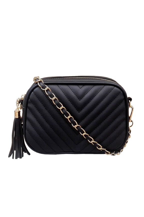 Women's Chevron Quilted Crossbody Bag, Mini Chain Shoulder Camera Bag with Tassel, Adjustable Strap Small Purse Handbag for Daily Use