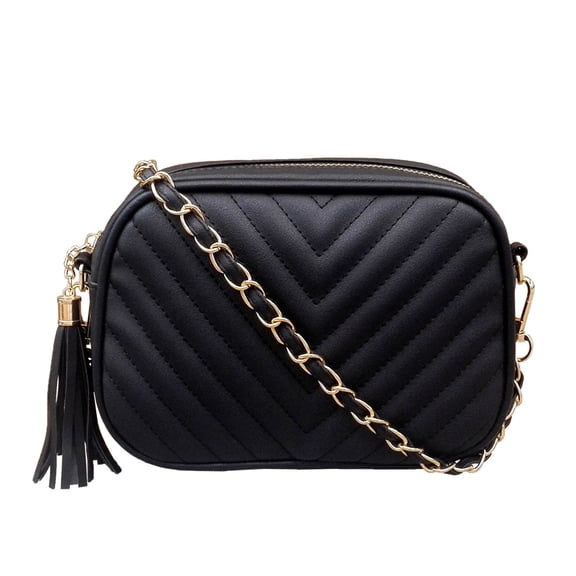 URSOFINE Women's Chevron Quilted Crossbody Bag, Mini Chain Shoulder Camera Bag with Tassel, Adjustable Strap Small Purse Handbag for Daily Use