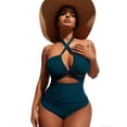 thumbnail image 1 of URSOFINE Women's One Piece Swimsuit Halter Neck Ruched Tummy Control Slimming Swimwear Cutout High Cut Bathing Suit for Beach, 1 of 4