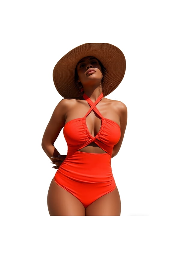 Women's One Piece Swimsuit Halter Neck Ruched Tummy Control Slimming Swimwear Cutout High Cut Bathing Suit for Beach