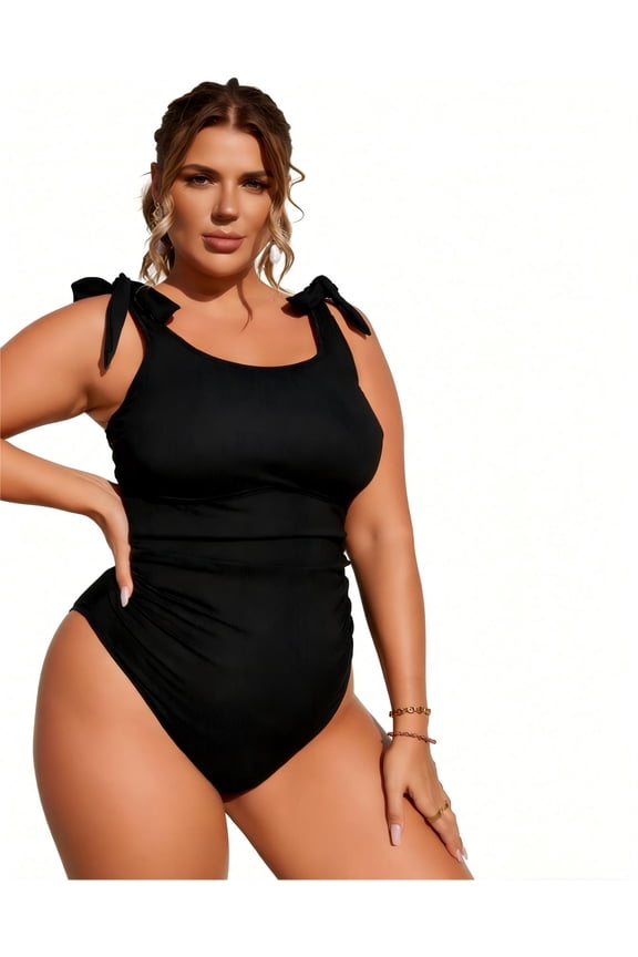 Women's Plus Size Ribbed One Piece Swimsuit, Tummy Control Bathing Suit with Adjustable Tie Straps, High Cut Leg Slimming Swimwear for Beach Pool Vacation (Black, XL-3XL)
