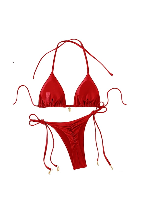 Women's Red Triangle Bikini Set with Shell Charm - Tie Side Two Piece Swimsuit