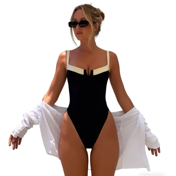 URSOFINE Women's Ruched Tummy Control One Piece Swimsuit V Neck Cutout High Cut Bathing Suit