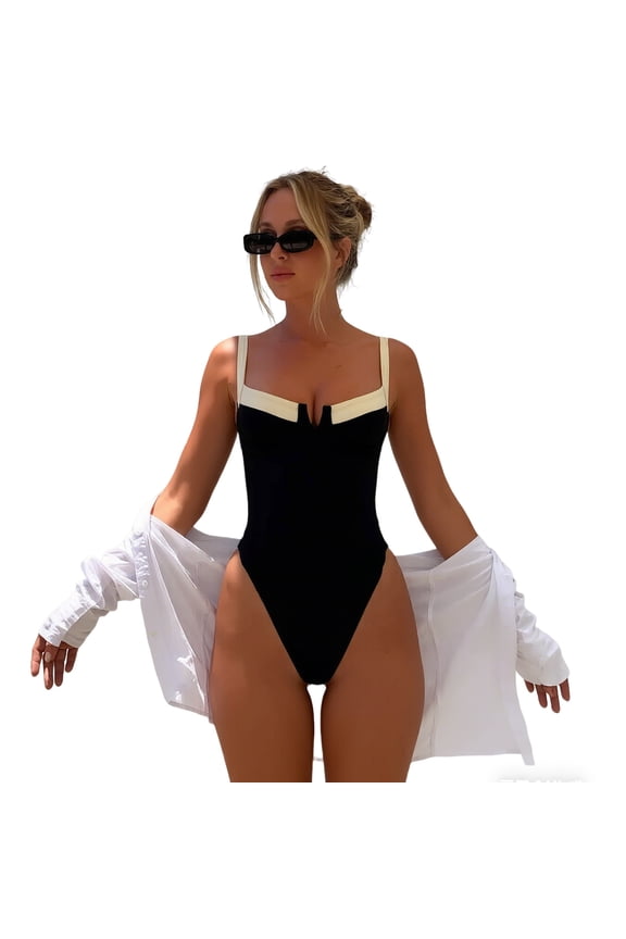 Women's Ruched Tummy Control One Piece Swimsuit V Neck Cutout High Cut Bathing Suit