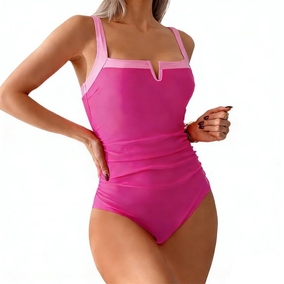 URSOFINE Women's Ruched Tummy Control One Piece Swimsuit V Neck Cutout High Cut Bathing Suit