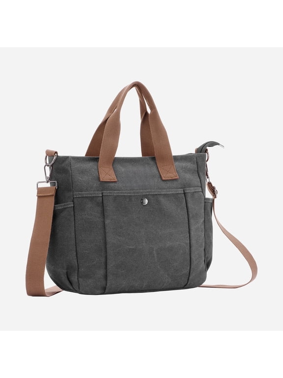 Women's Canvas Tote Bag, Multi-Pocket Vintage Work Handbag with Adjustable Strap, Lightweight Crossbody Shoulder Purse for Travel, Daily Commute & College (Gray)