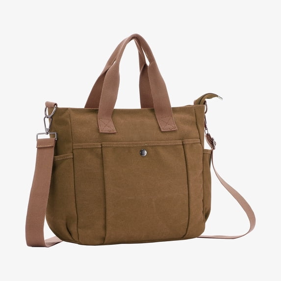 URSOFINE Women's Canvas Tote Bag, Multi-Pocket Vintage Work Handbag with Adjustable Strap, Lightweight Crossbody Shoulder Purse for Travel, Daily Commute & College (Brown)