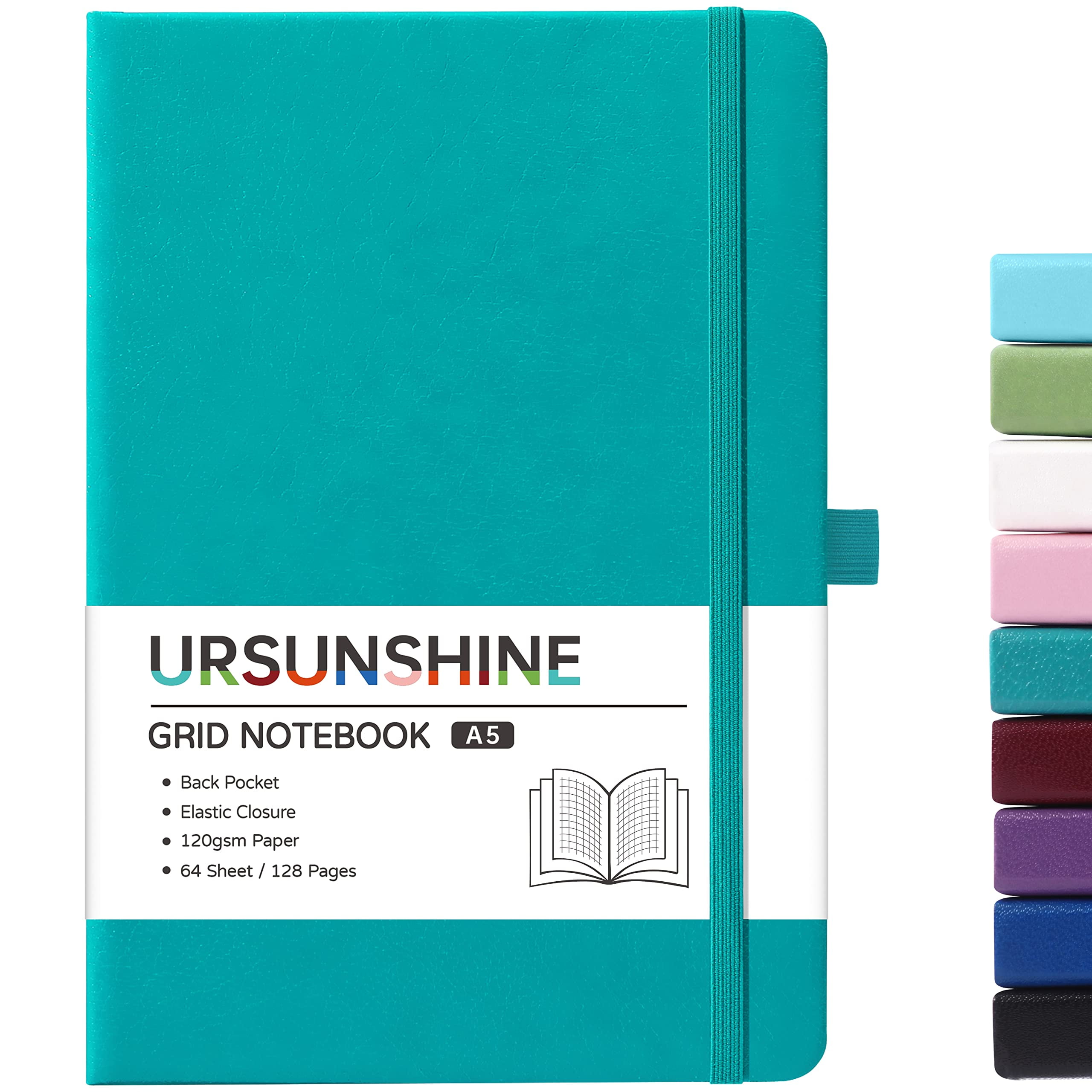 URSUNSHINE Graph Grid Paper Notebook/Journal - Classic Journal/Notebook with Ribbon Divider, Hardcover with Thick Paper, 5.3" x 8.26", Banded + Pen Holder +Inner Pocket - Cyan