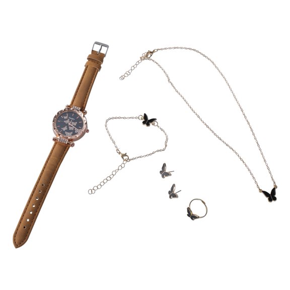 URTERYSER 6Pieces/set Luxury Watch Women Rings Necklace Earrings Bracelet Set Butterfly Leather Strap Watches Lady Wristwatch No Case Color 3