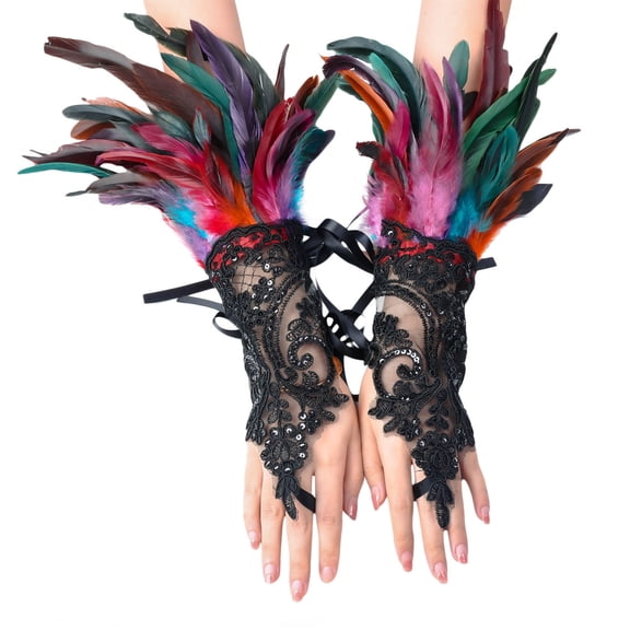 URTERYSER Bridal Wrist Cuffs Bride Feathered Beaded Elaborate Long Bachelorette Party Hen Party Bride Gloves Hen Party Colorful