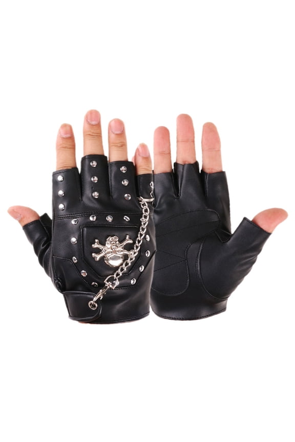 Half Finger Punk Rivets PU Leather Gloves Black Gloves with Metal Chain for Motorcycles Fingerless Dancing Mittens Black