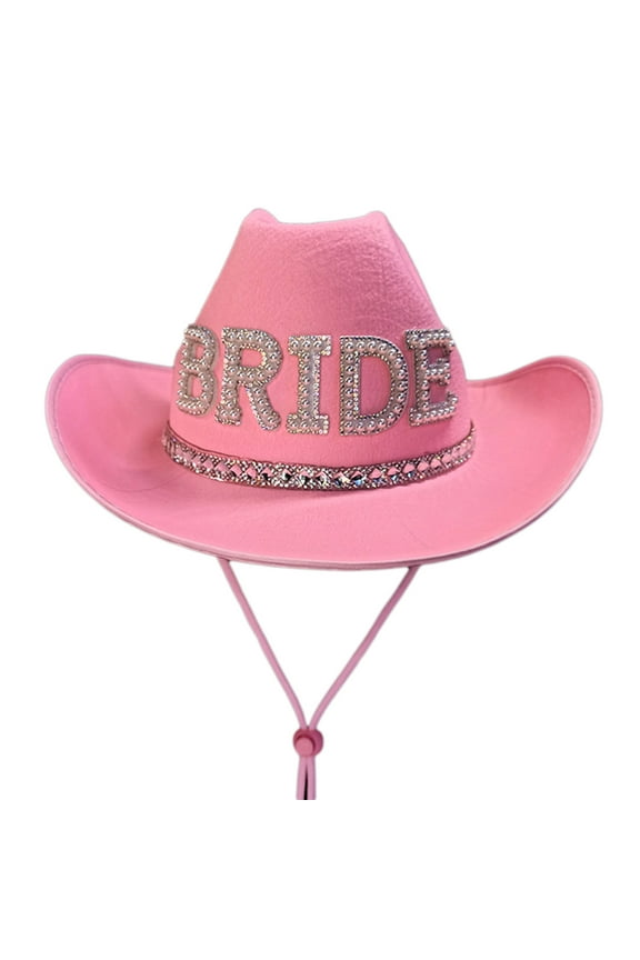 Handmade Wedding Party Bride Cowgirl Hat Wide Brim Bridal for Western Shinning Black Fedora Hat Sunproof Pink