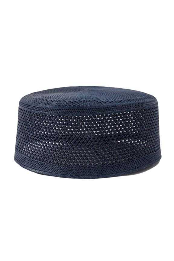 Knitted Cotton Turban Hat for Men Breathable Kufi Prayer Hat Ramazan Hijabs Caps Arabian Skull Hat Navy Blue