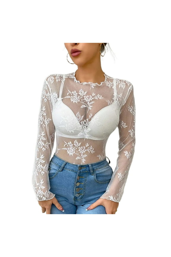 Long Sleeve Mock Neck Floral Lace Top 90s Solid Color Fitted T-Shirt for Women Party Club Night Sheer Mesh Blouse White